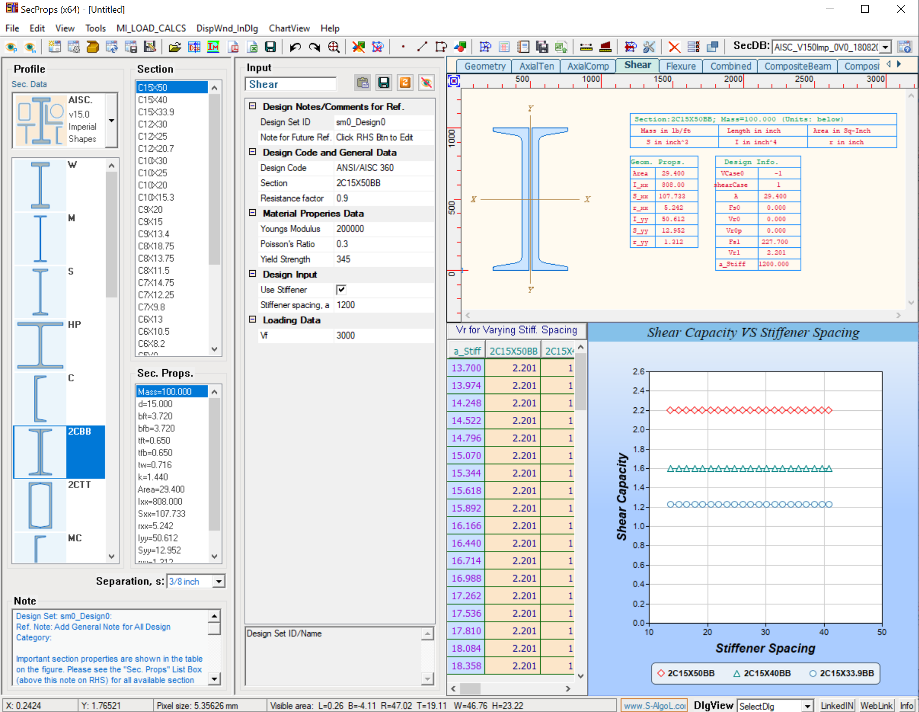 SteelMatrix shear design interface screenshot
