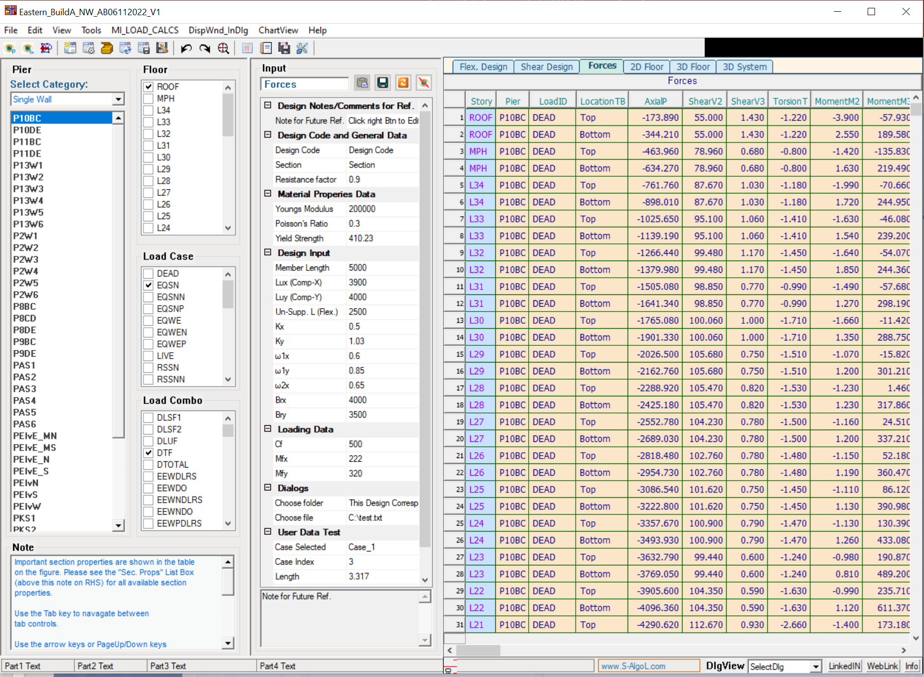 LatSys imported shear wall and coupling beam loads table